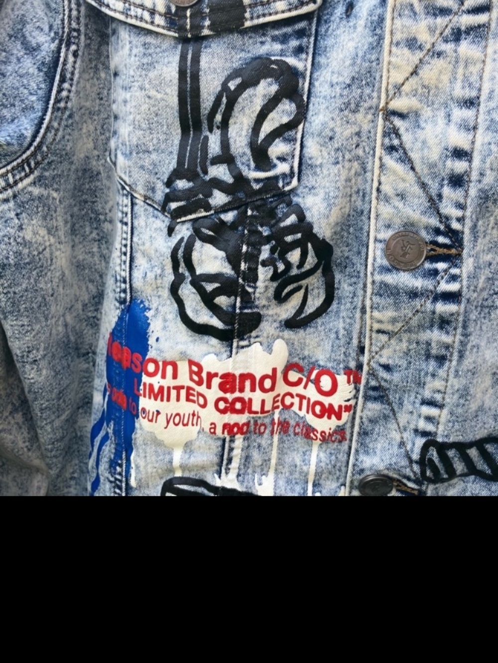 Men's Blue Graphic Denim Jacket with Red Flame Accents - Picture 6 of 10
